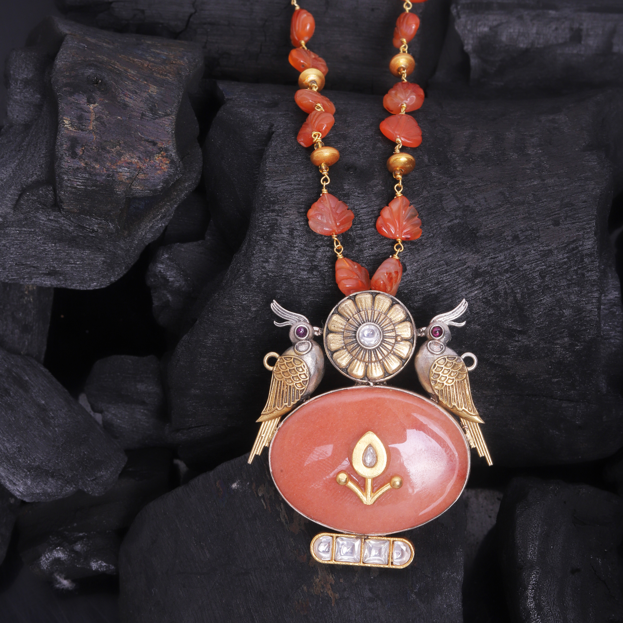 925 Sterling Silver Carnelian Parrot Floral Pendant