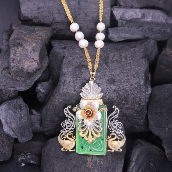 925 Sterling Silver Jade Swan Lotus Pendant