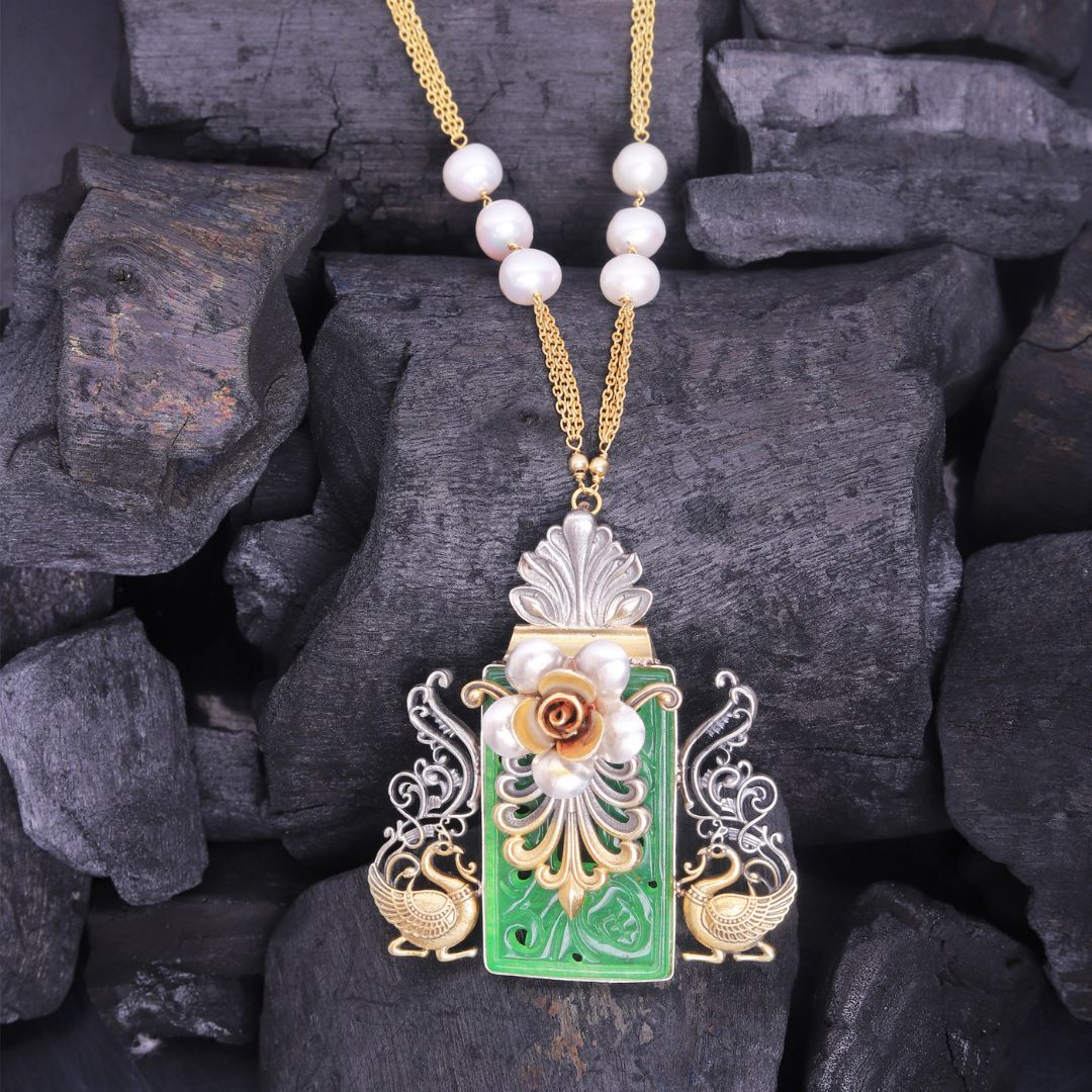 925 Sterling Silver Jade Swan Lotus Pendant