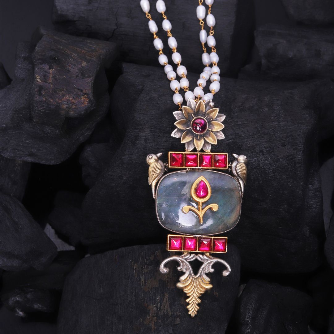 925 Sterling Silver Labradorite Floral Peacock Pendant