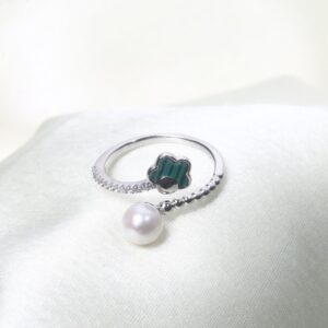 Modern Pearl, Malachite, and Diamond Bypass Ring