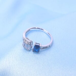 92.5 Sterling Silver Modern Sapphire and Baguette Diamond Ring