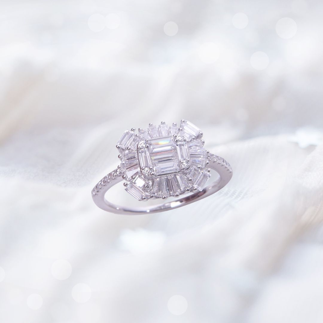92.5 Sterling SilverRadiant Halo Baguette and Diamond Ring - Image 2