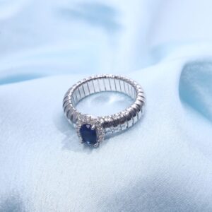 Ribbed Band Sapphire and Diamond Halo Ring