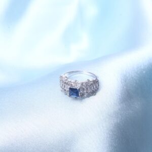 92.5 Sterling Silver Sapphire & Baguette Diamond Cluster Ring