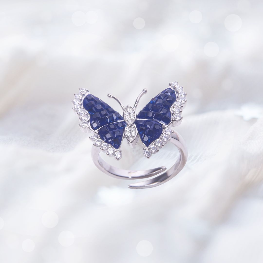 92.5 Sterling Silver Sapphire and Diamond Butterfly Ring - Image 2