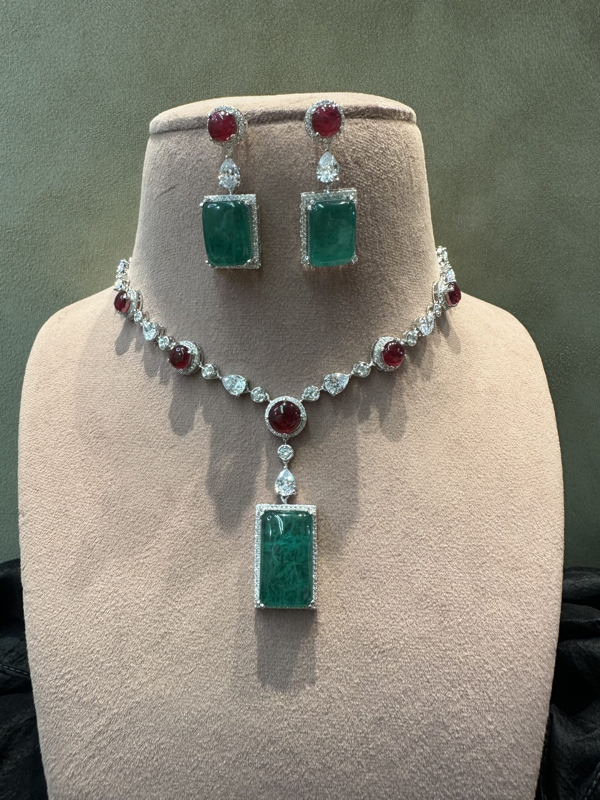 925 Sterling Silver Ruby Emerald Cubic Zirconia Set