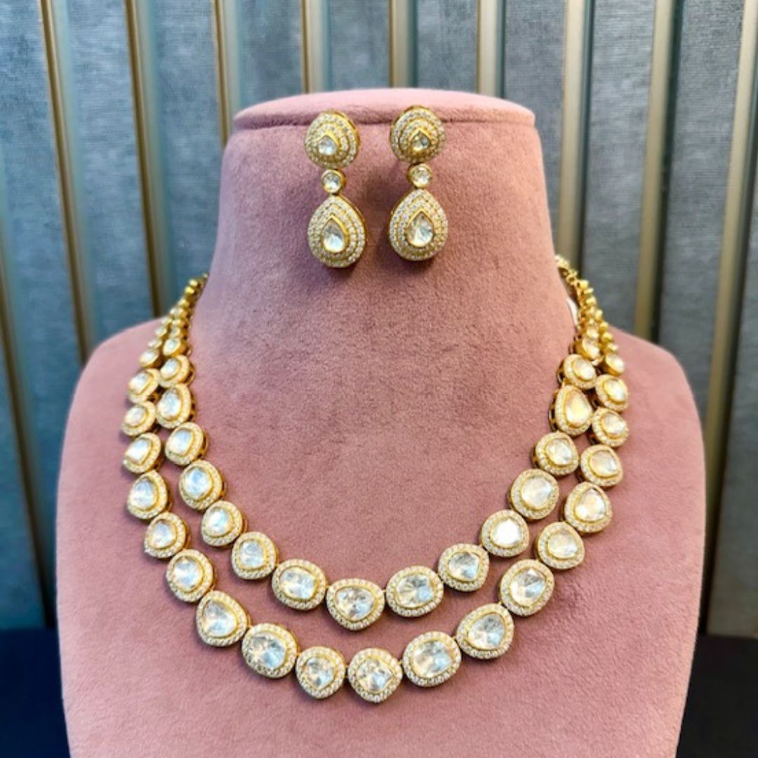 925 Sterling Silver Dazzling Double- Layer Polki Set
