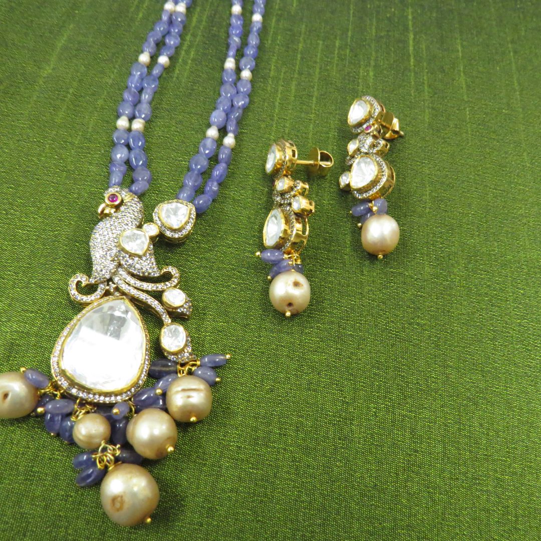 925 Sterling Silver Kundan Peacock Set