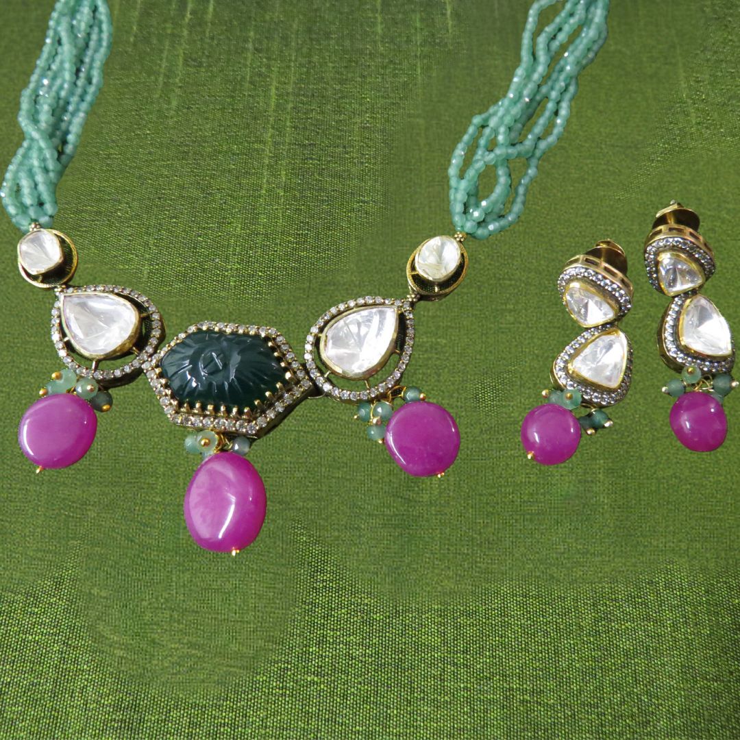 925 Sterling Silver Modern Emerald Pink Jade Set