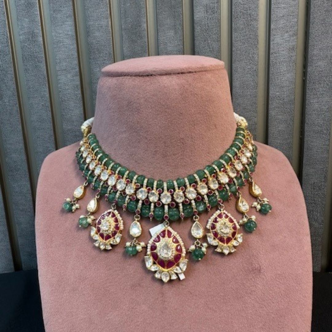 925 Sterling Silver Royal Kundan Emerald Set