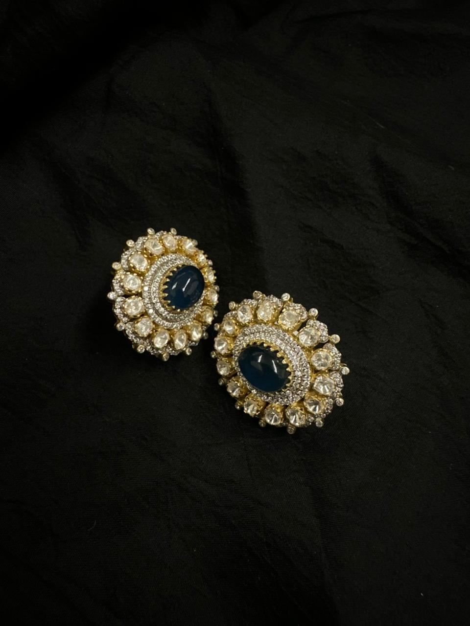 92.5 Sterling Silver Kundan Sapphire Statement Earring