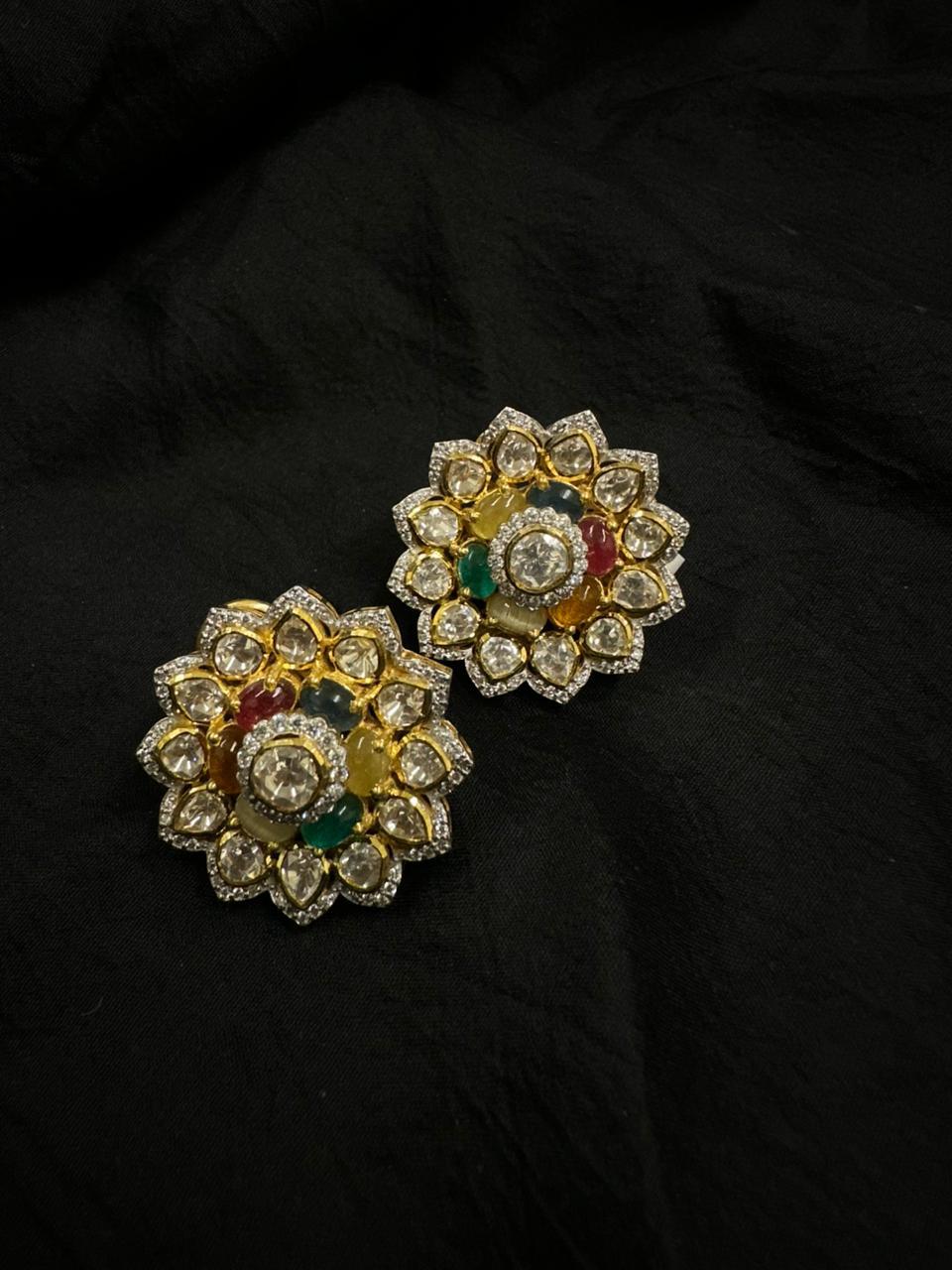 92.5 Sterling Silver Rajwada Navratana Studs
