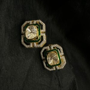 92.5 Sterling Silver Art Deco Green & Diamond Stud Earrings