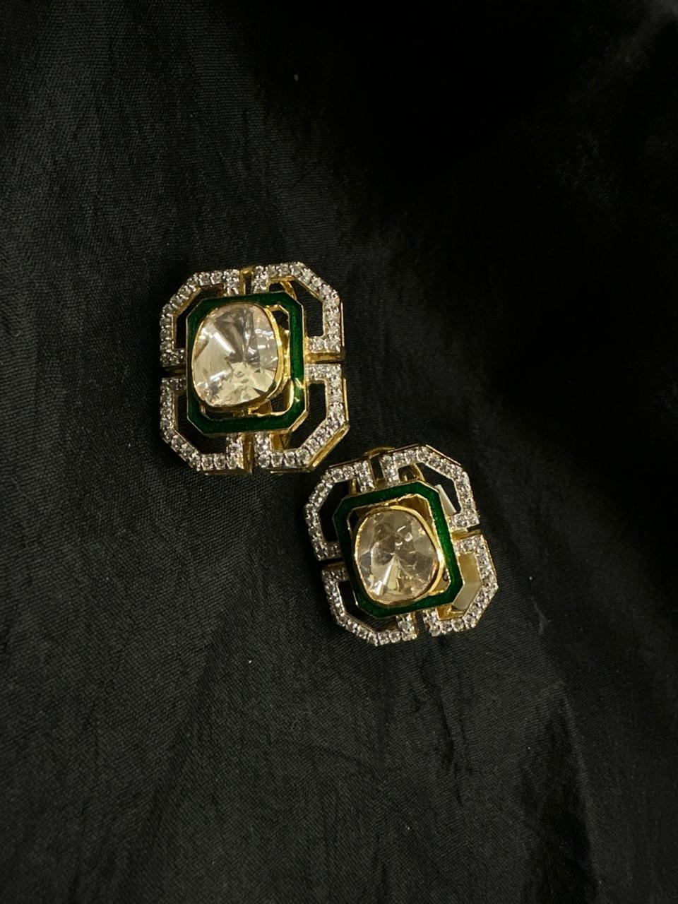 92.5 Sterling Silver Art Deco Green & Diamond Stud Earrings