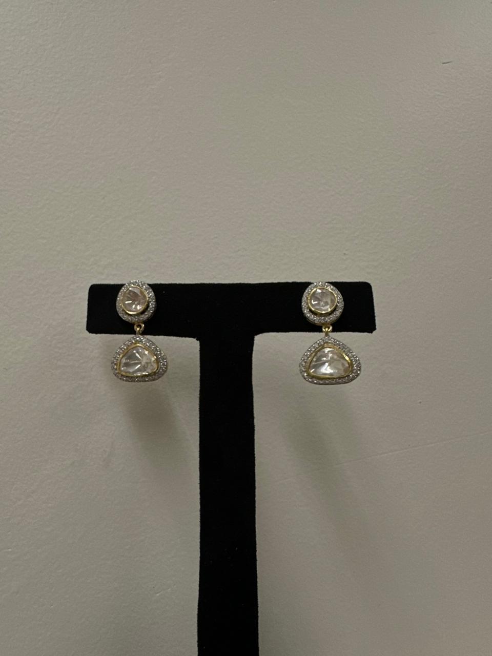 92.5 Sterling Silver Halo Polki Drop Earrings