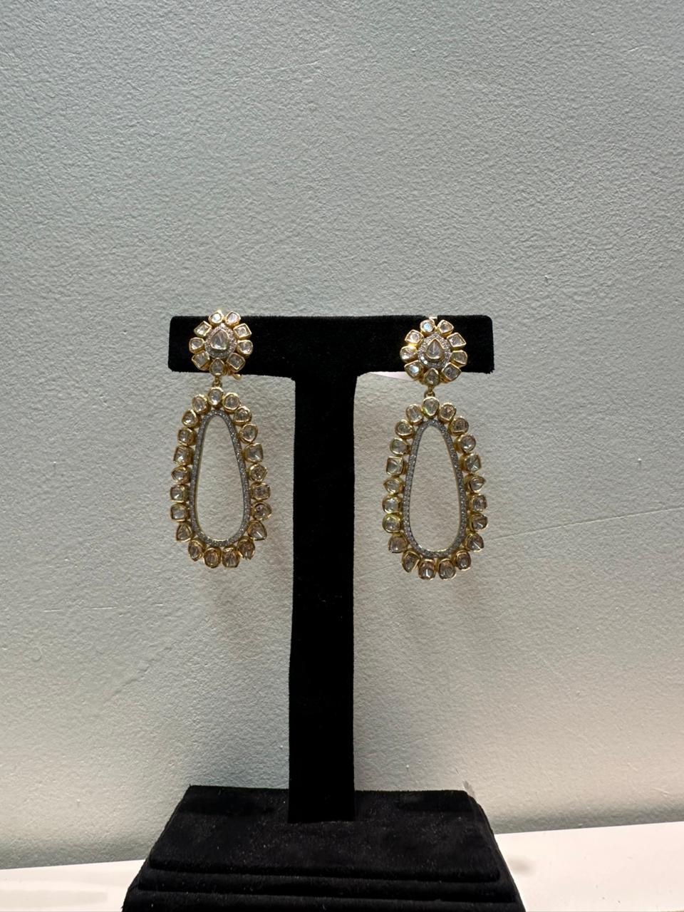 92.5 Sterling Silver Kundan Polki Teardrop Drop Earrings