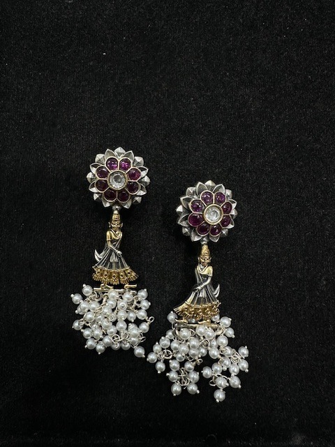 92.5 Sterling Silver Nritya Pearl Temple Jhumka