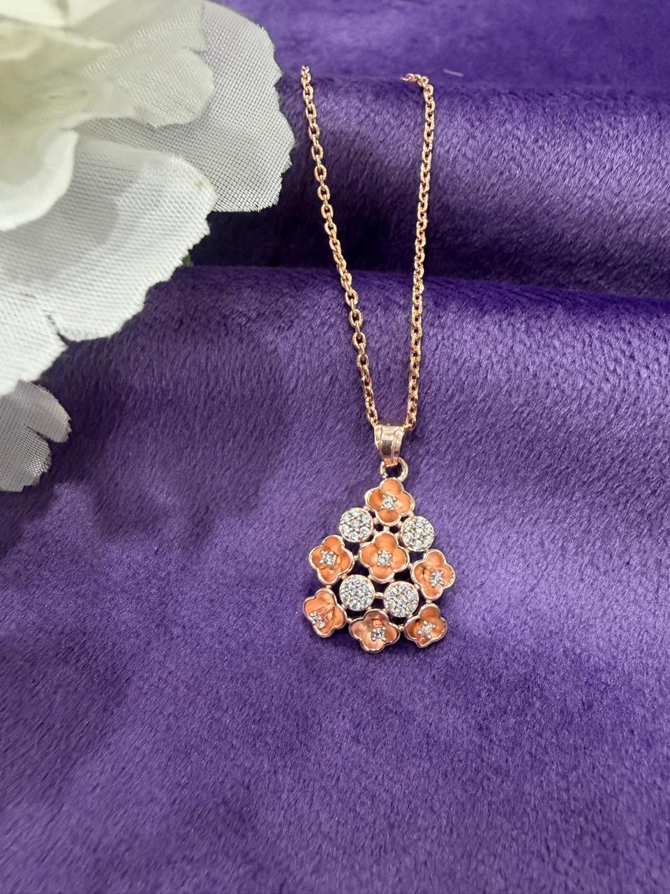 92.5 Sterling Silver Floral Sparkle Rose Gold Pendant