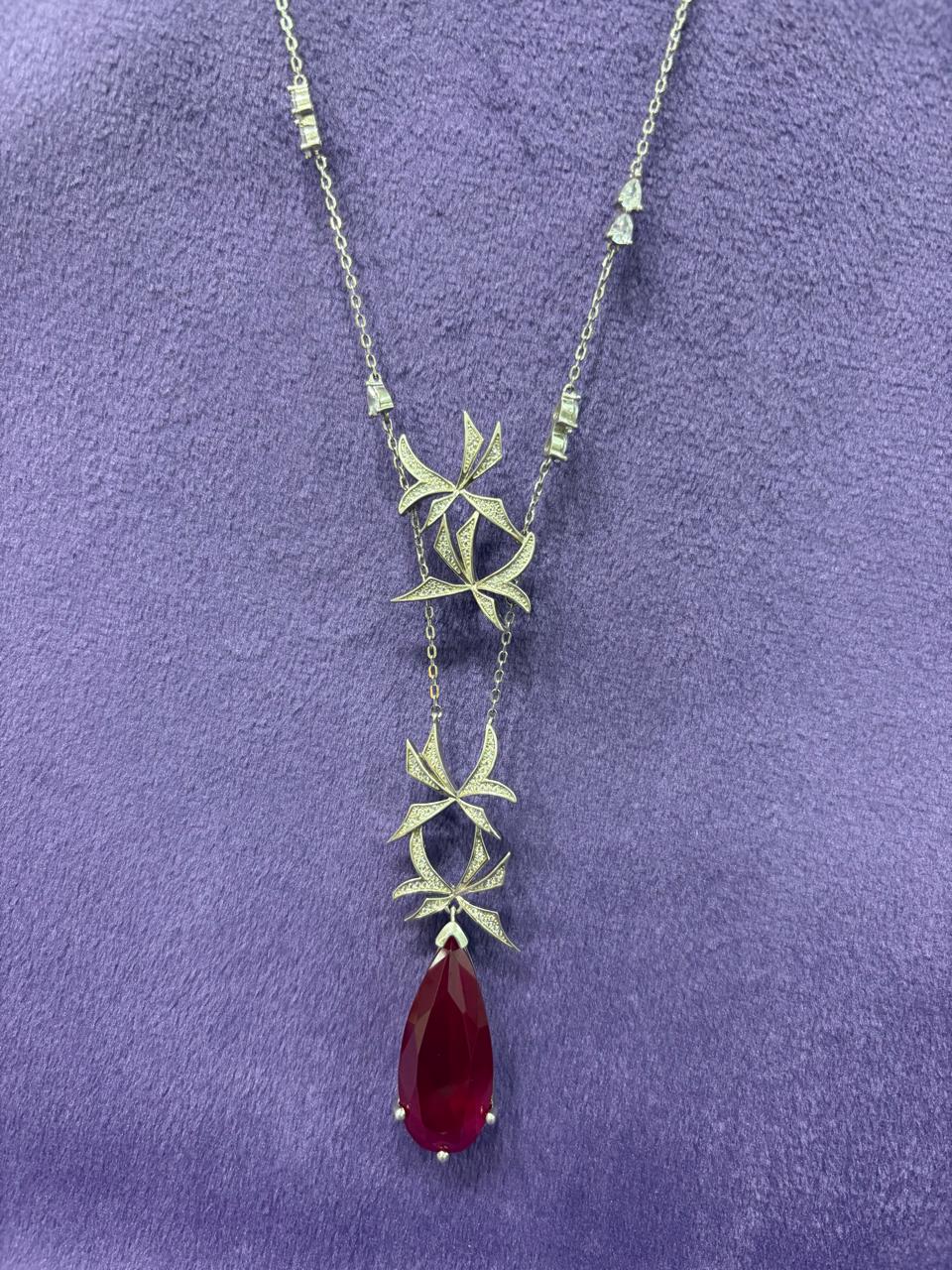 92.5 Sterling Silver Ruby petal drop pendant