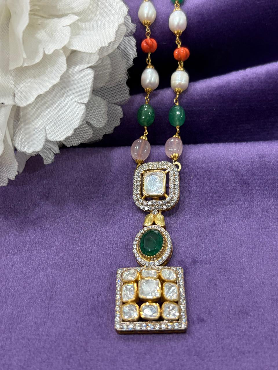 92.5 Sterling Silver  Emerald Royale Kundan Pendant 💚✨