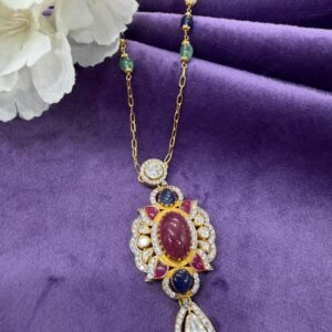 92.5 Sterling Silver Navratna Royal Bloom Pendant Chain