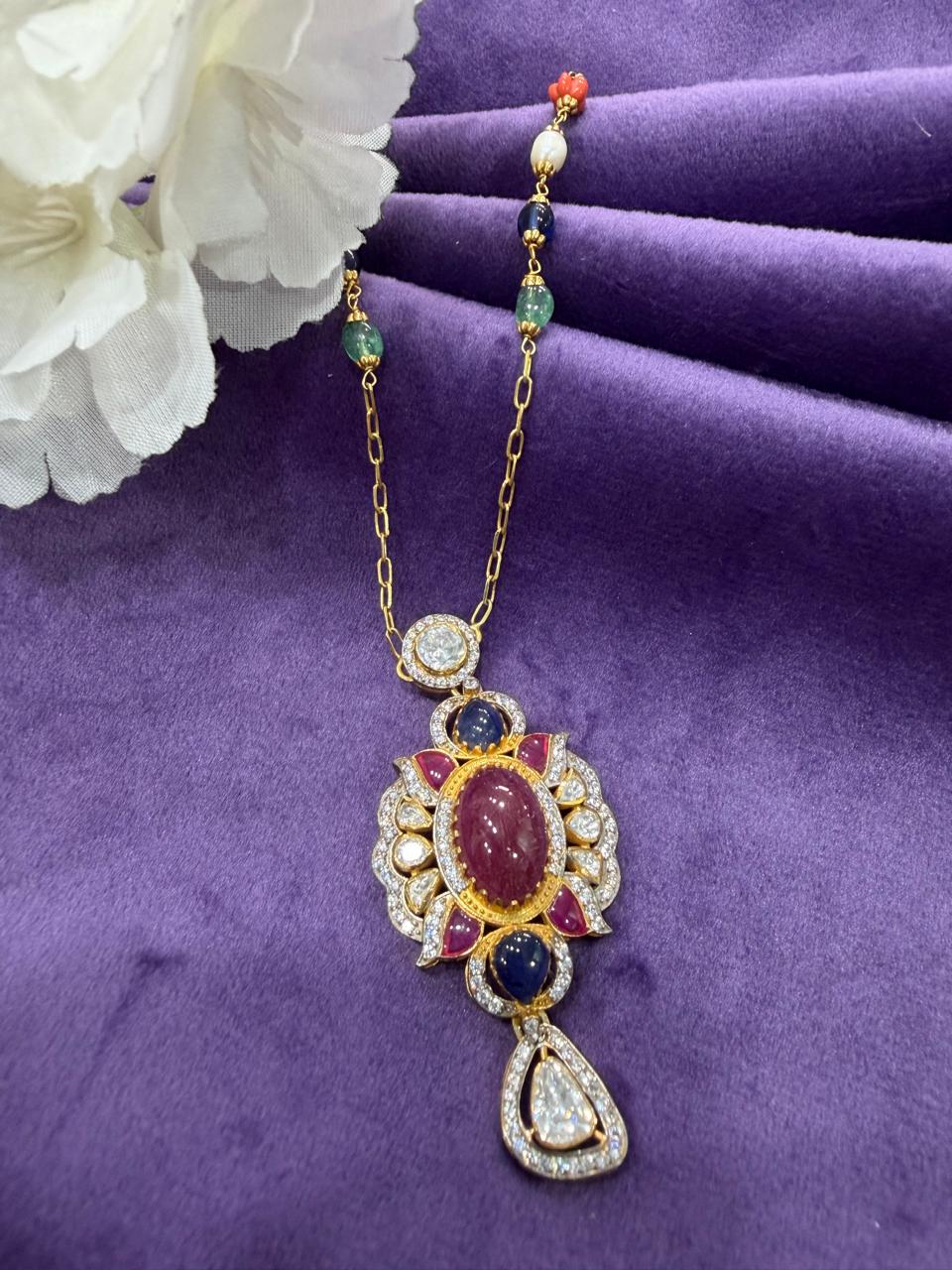 92.5 Sterling Silver Navratna Royal Bloom Pendant Chain